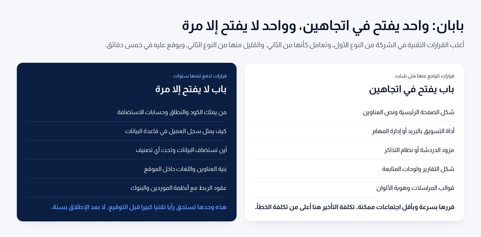 عمودان يقارنان القرارات التقنية القابلة للتراجع بالقرارات التي لا يمكن التراجع عنها في شركة متوسطة