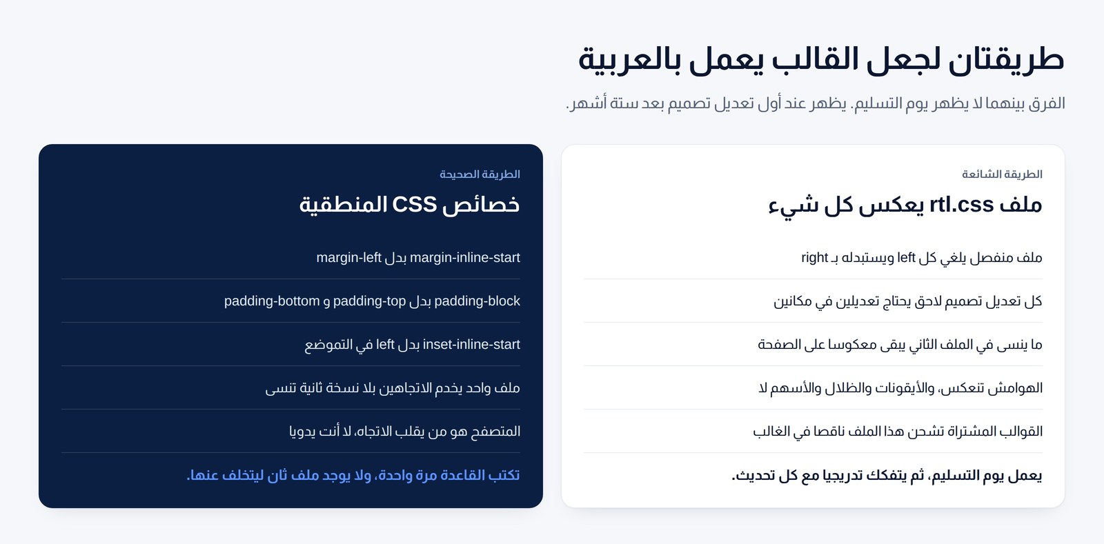 عمودان يقارنان معالجة الاتجاه بملف rtl.css من التجاوزات بمعالجته بخصائص CSS المنطقية