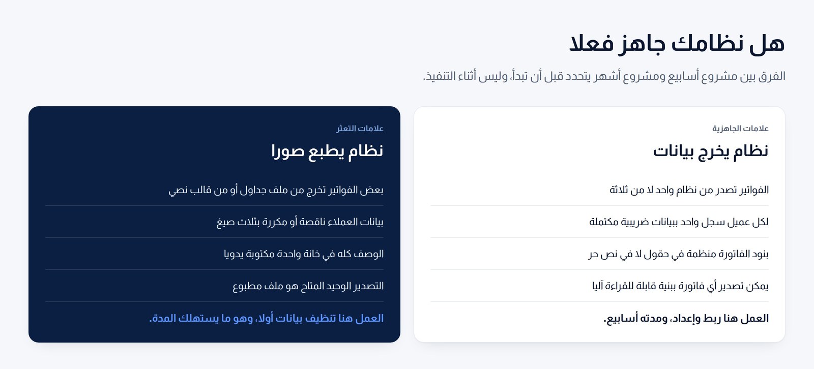 علامات جاهزية النظام للفوترة الإلكترونية مقابل علامات التعثر، وأثر كل حالة على مدة المشروع