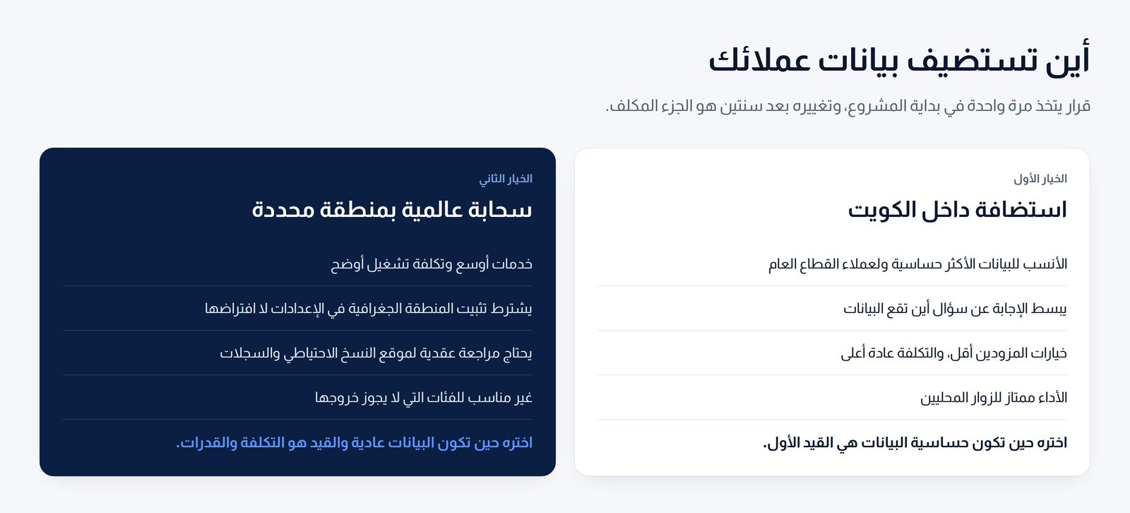 مقارنة بين استضافة البيانات داخل الكويت واستخدام سحابة عالمية بمنطقة جغرافية محددة، ومتى يناسب كل خيار