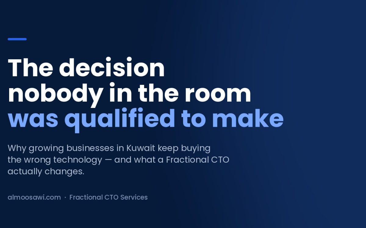 Article title card reading "The decision nobody in the room was qualified to make" — on Fractional CTO services in Kuwait