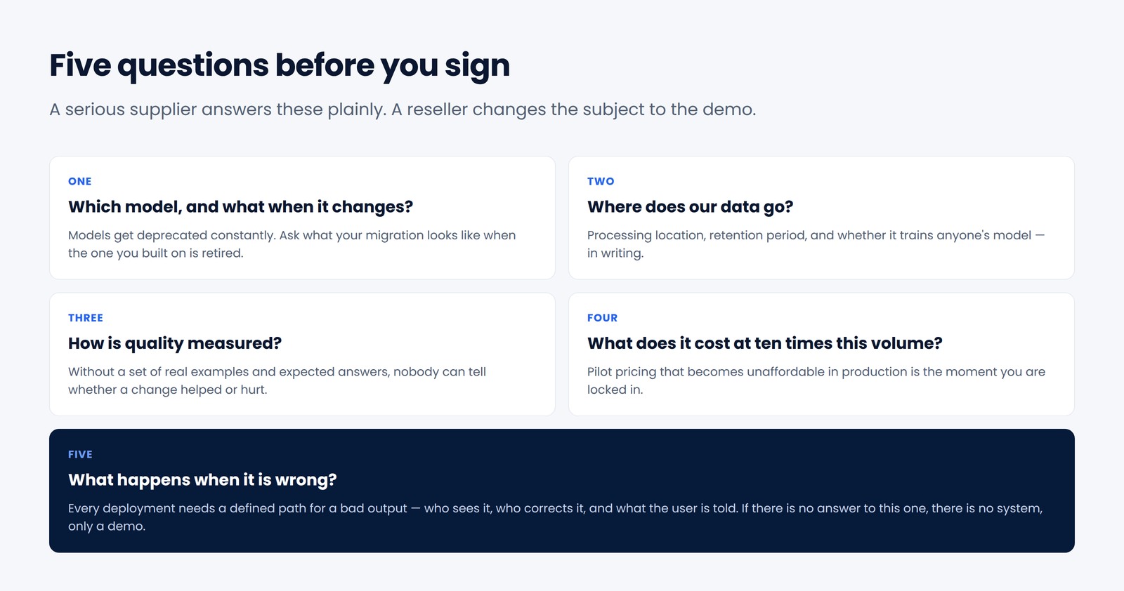 Five questions to ask an AI vendor before signing: model lifecycle, data handling, quality measurement, cost at scale and failure handling