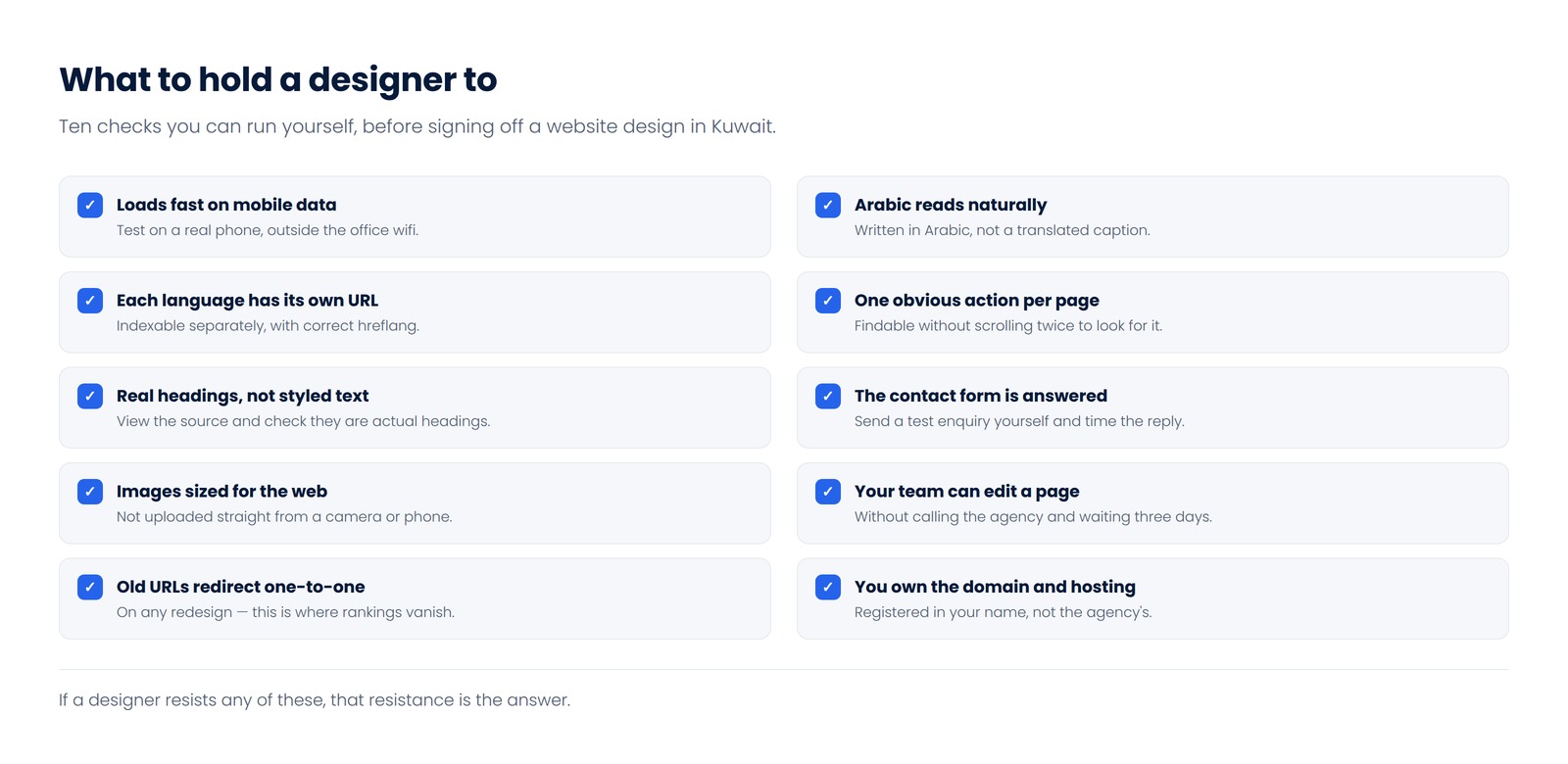 Ten checks for signing off a website design in Kuwait, covering speed, Arabic, URLs, headings, contact forms, images, editing, redirects and ownership