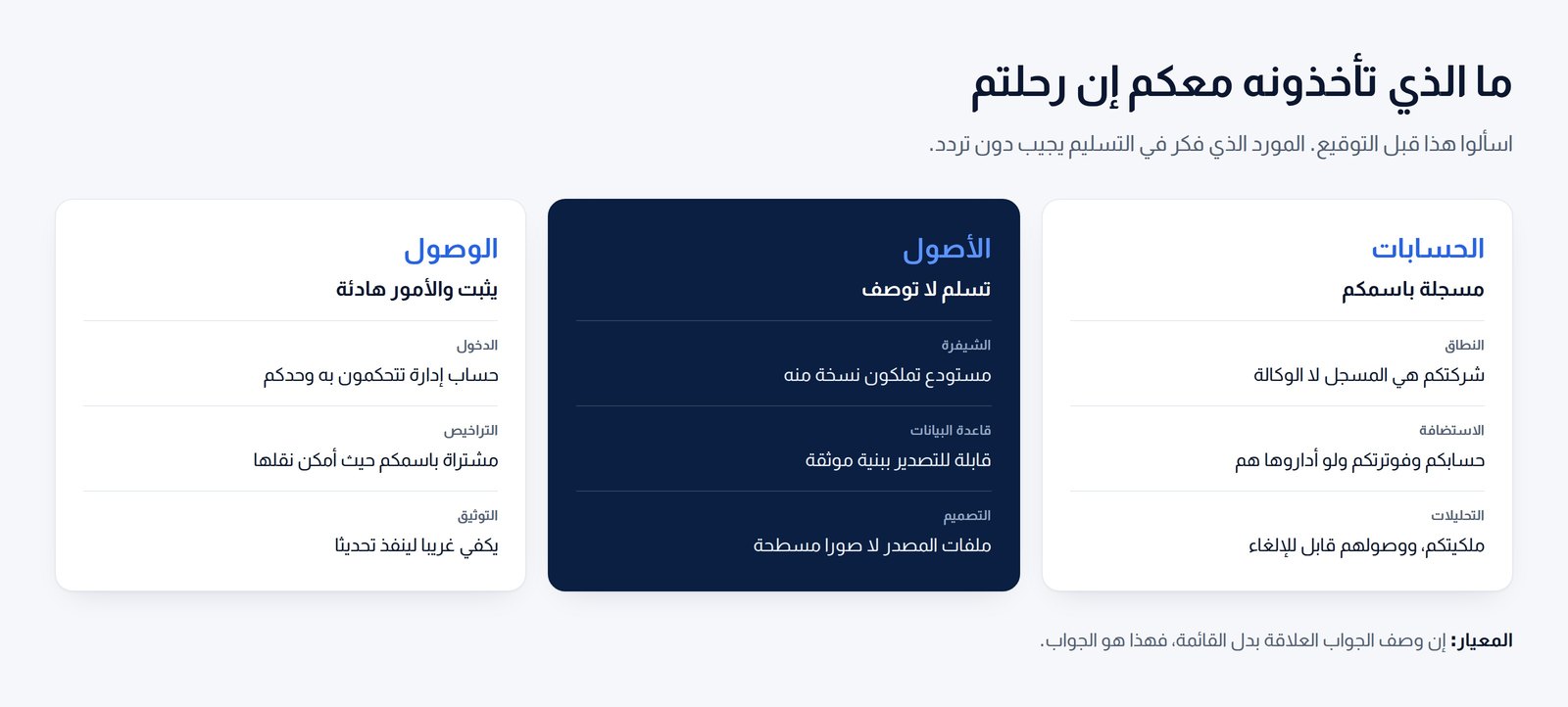 ثلاثة أعمدة تعدد الحسابات والأصول والوصول التي يجب أن تستطيع الشركة أخذها معها عند تركها مورد الموقع