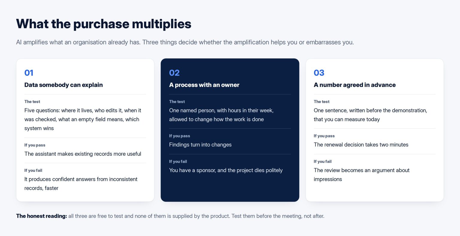 Three cards showing what an AI purchase multiplies: clean data, an owned process, and a stated measure of success