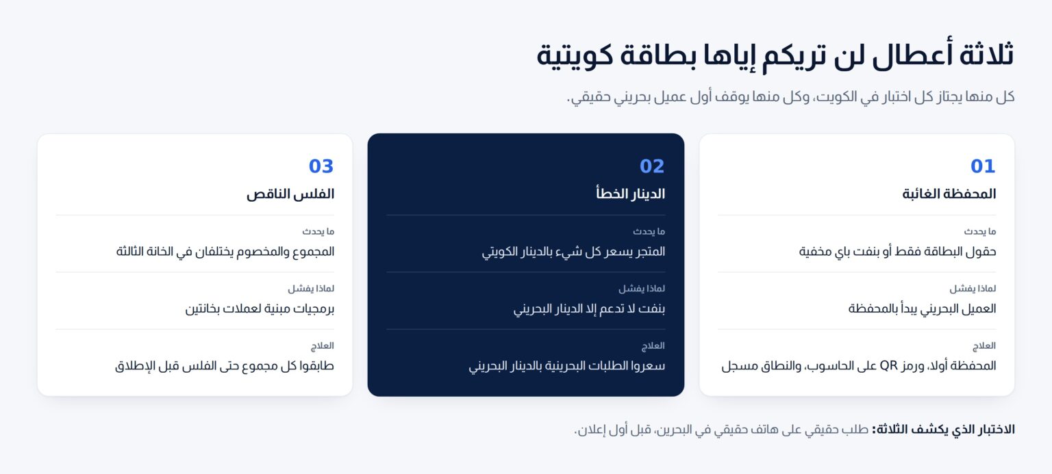 ثلاث بطاقات: محفظة غائبة أو مخفية، وبطاقات بنفت مرفوضة لأن المتجر يسعر بالدينار الكويتي، ومجاميع تختلف بفلس، مع علاج كل منها