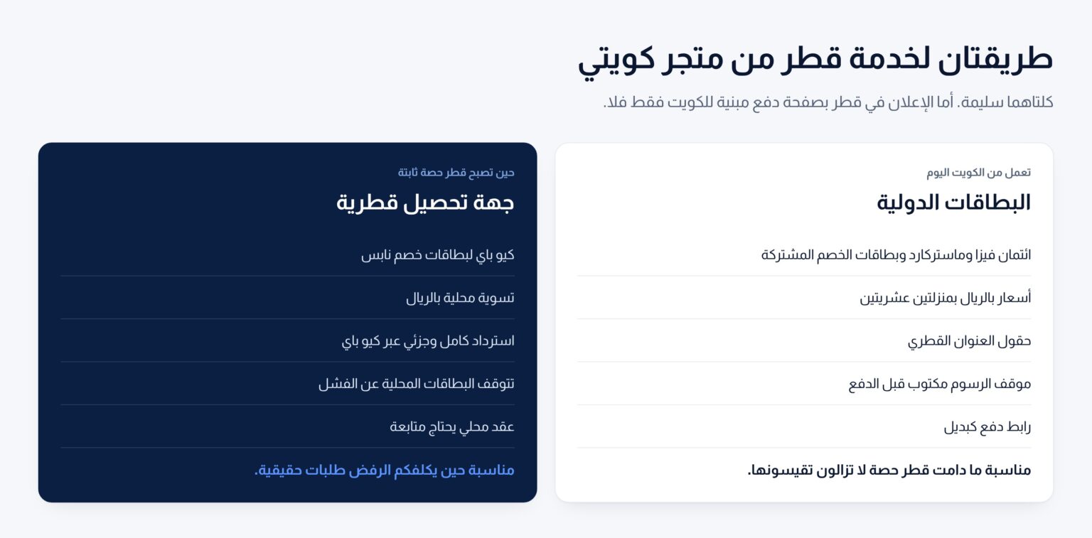 طريقتان يخدم بهما متجر كويتي قطر: من الكويت بالبطاقات الدولية، أو بجهة تحصيل قطرية ودفع محلي